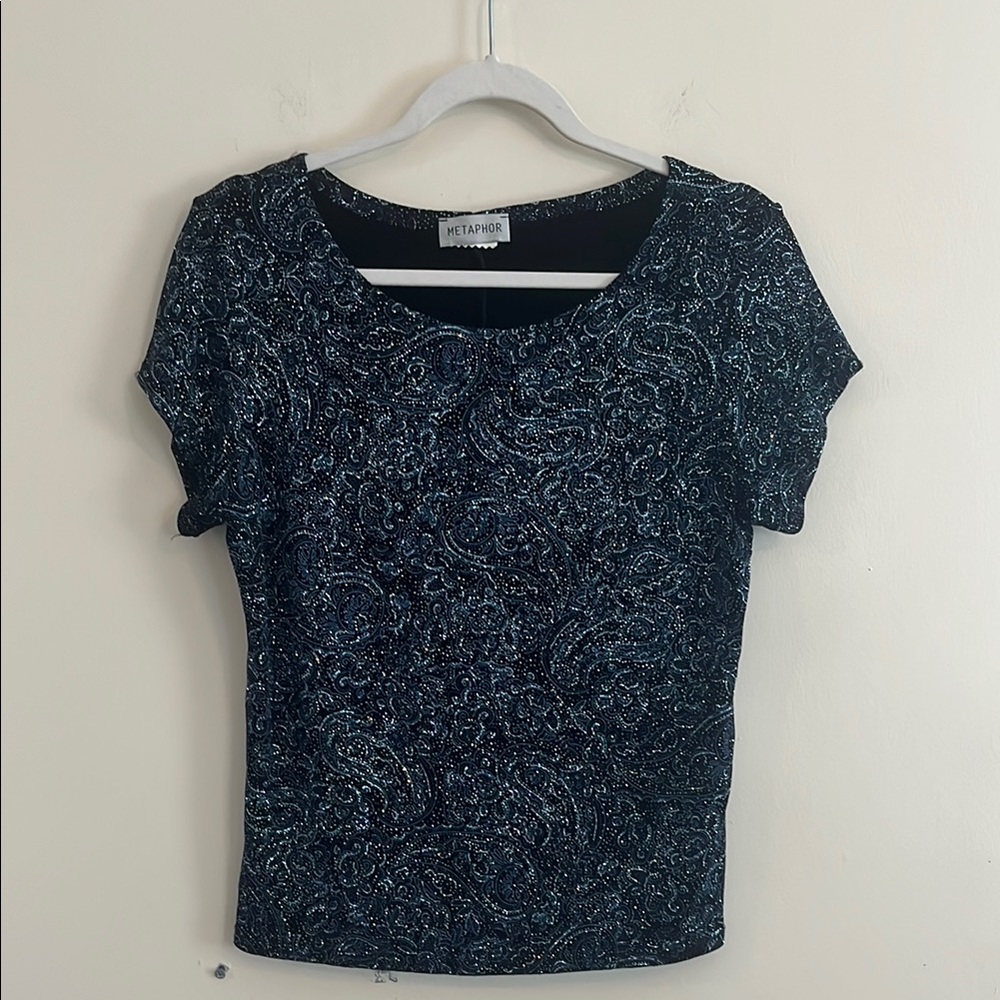 Vintage Metaphor Blue‎ Black Glitter Paisley Top Whimsigoth y2k witchy funky